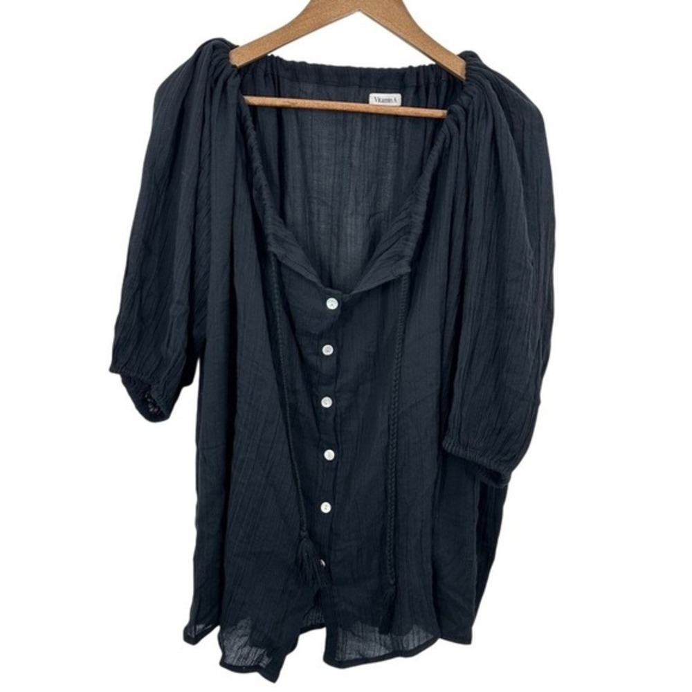 Vitamin A Black Gauze Puff Sleeve Swim Cover Up Tassel Boho Tunic Shirt Top